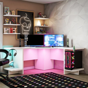 NTense Mod Corner Gaming Desk with LED Light Kit - White