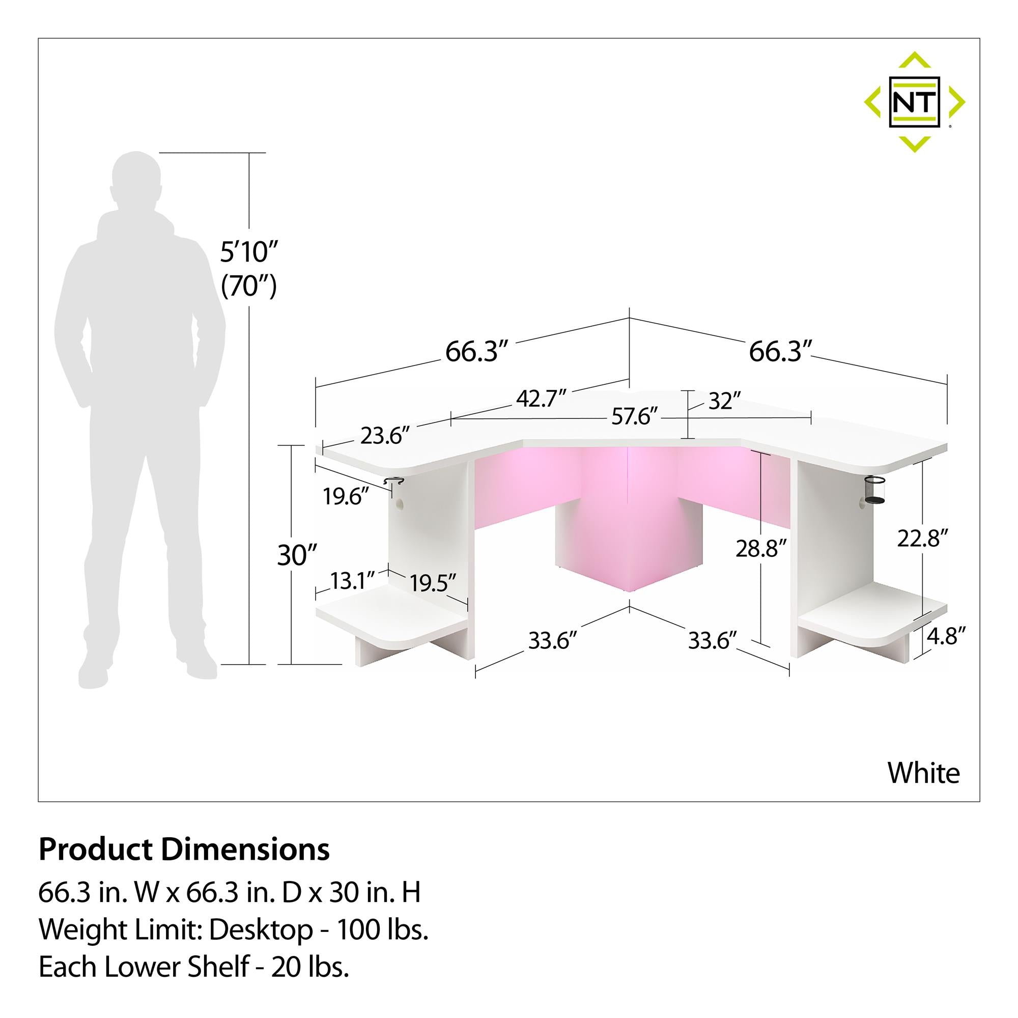 NTense Mod Corner Gaming Desk with LED Light Kit - White