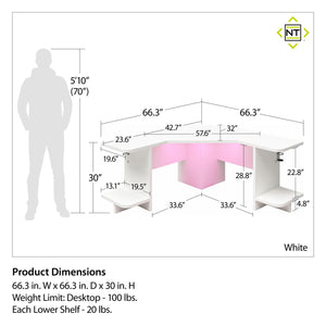 NTense Mod Corner Gaming Desk with LED Light Kit - White