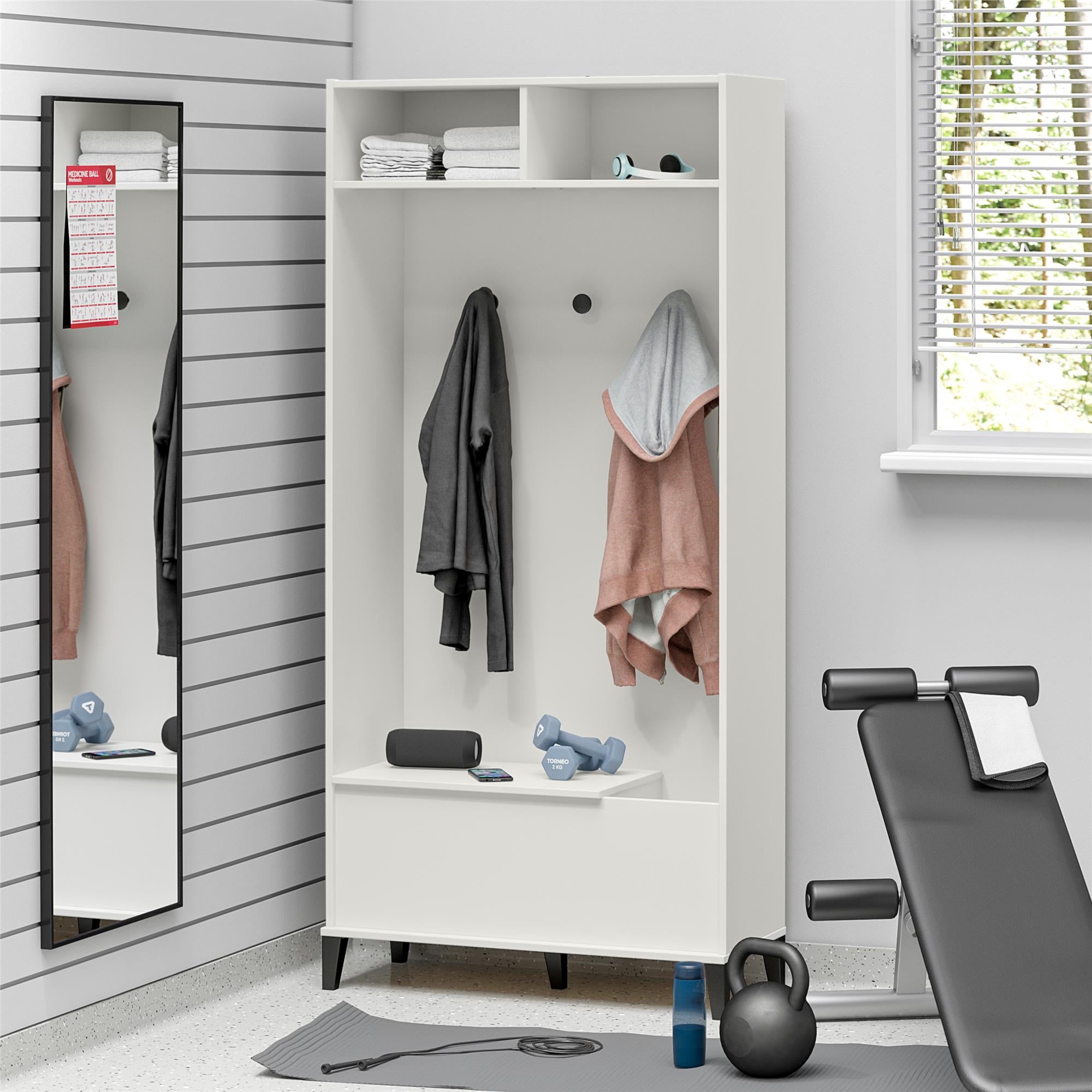 Systembuild Evolution Flex Gym Cabinet with Yoga Mat Storage & Bench Seat - White