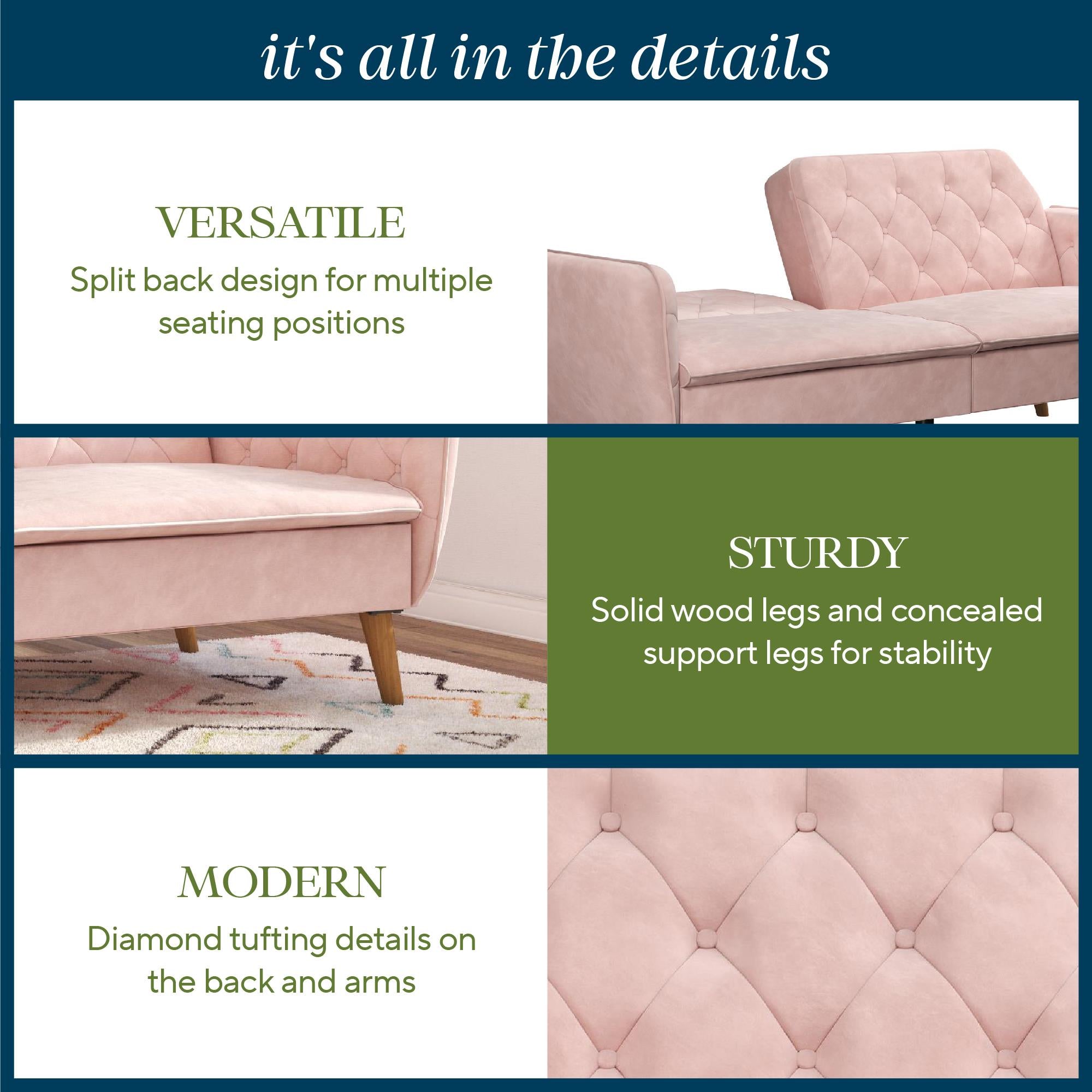 Novogratz Tallulah Memory Foam Futon, Pink Velvet - Pink