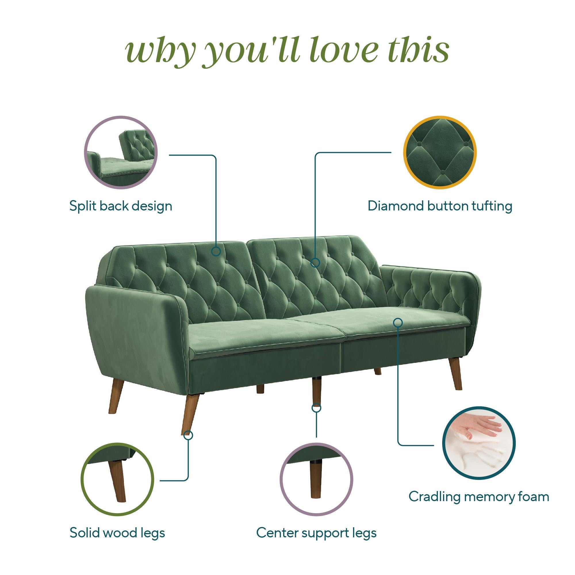 Novogratz Tallulah Memory Foam Futon Sofa Bed - Light Green