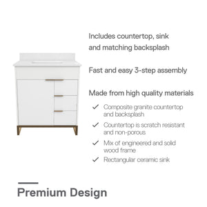 CosmoLiving Leona 30" Bathroom Vanity, White with Gold Metal - White - 30"
