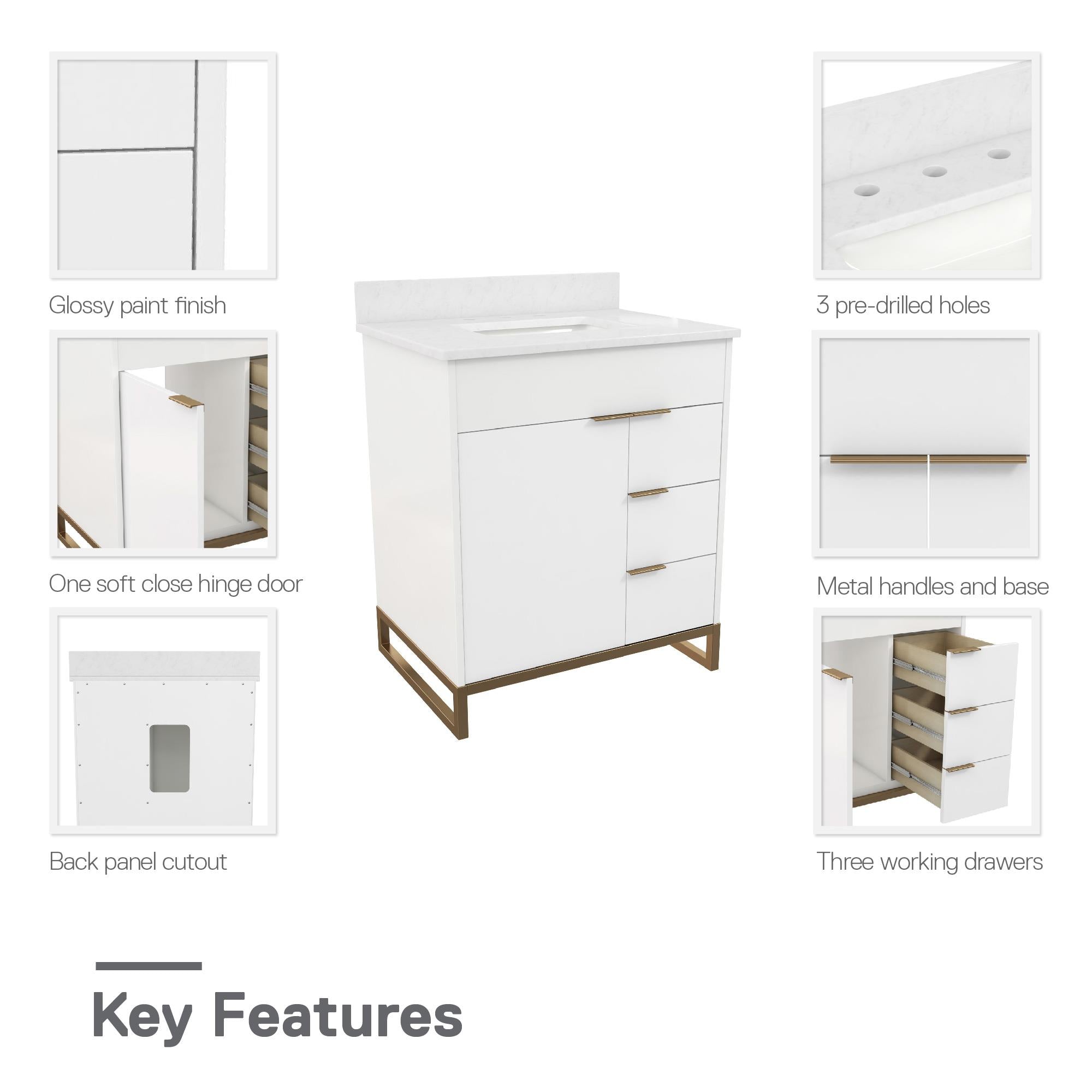 CosmoLiving Leona 30" Bathroom Vanity, White with Gold Metal - White - 30"
