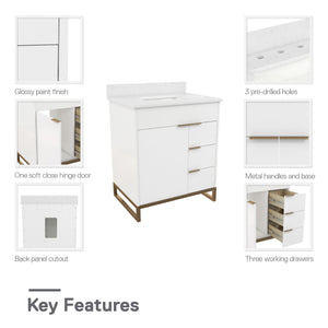 CosmoLiving Leona 30" Bathroom Vanity, White with Gold Metal - White - 30"