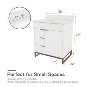 CosmoLiving Leona 30" Bathroom Vanity, White with Gold Metal - White - 30"