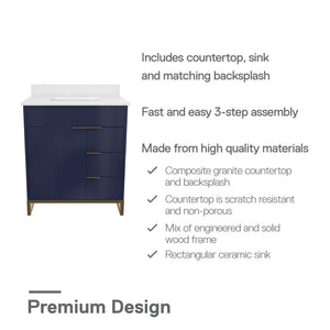 CosmoLiving Leona 30" Bathroom Vanity, Navy with Gold Metal - Navy - 30"