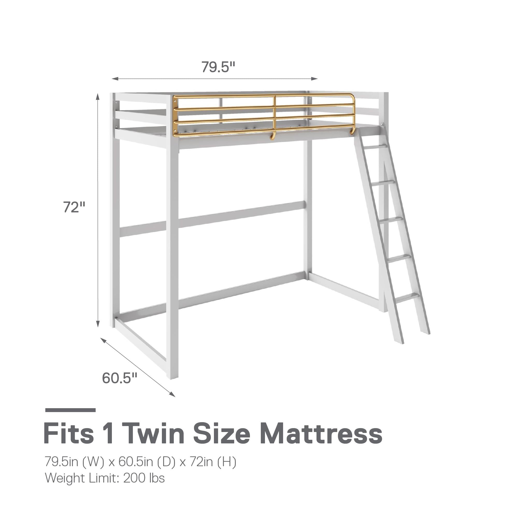 Max & Finn Haven Twin Metal Loft Bed, Dove Gray & Gold - Dove Gray - Twin