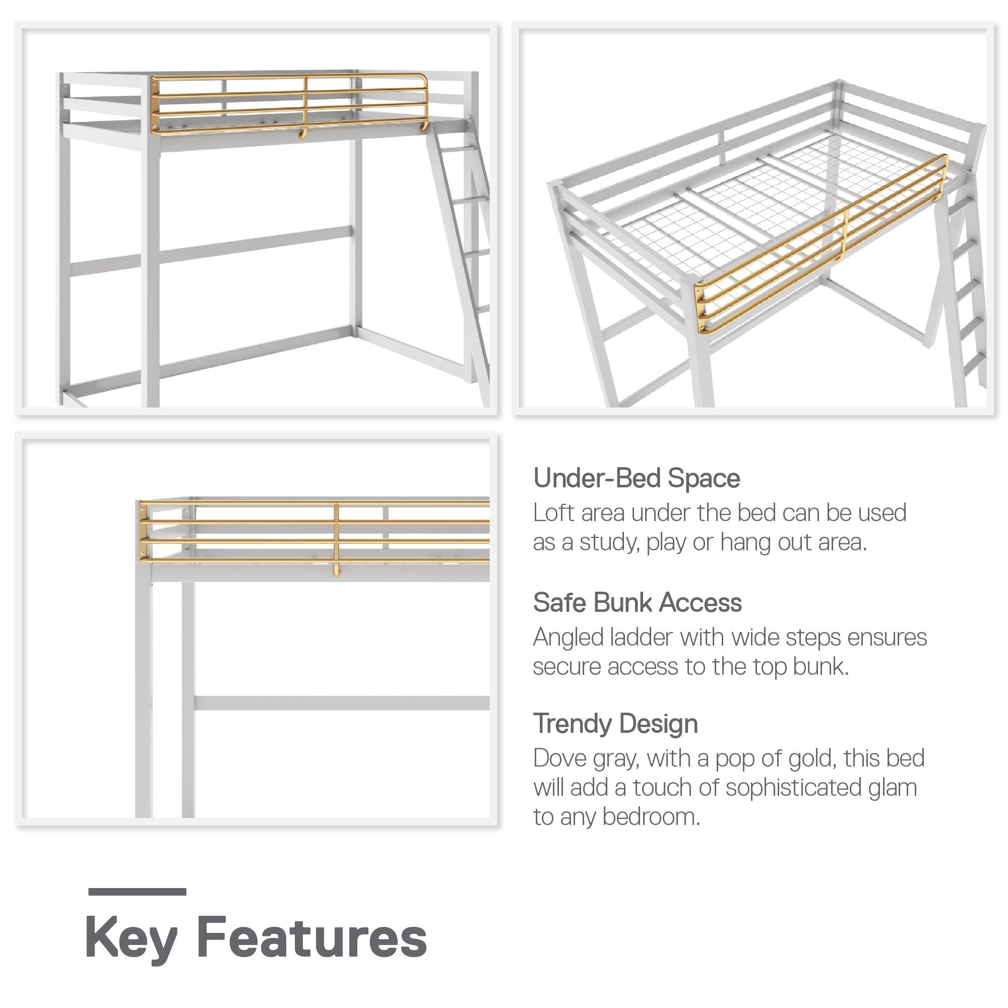 Max & Finn Haven Twin Metal Loft Bed, Dove Gray & Gold - Dove Gray - Twin