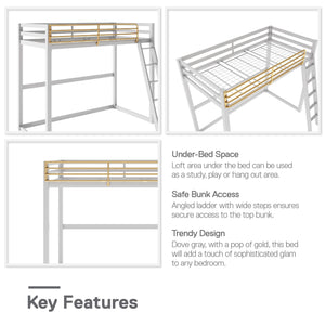 Max & Finn Haven Twin Metal Loft Bed, Dove Gray & Gold - Dove Gray - Twin
