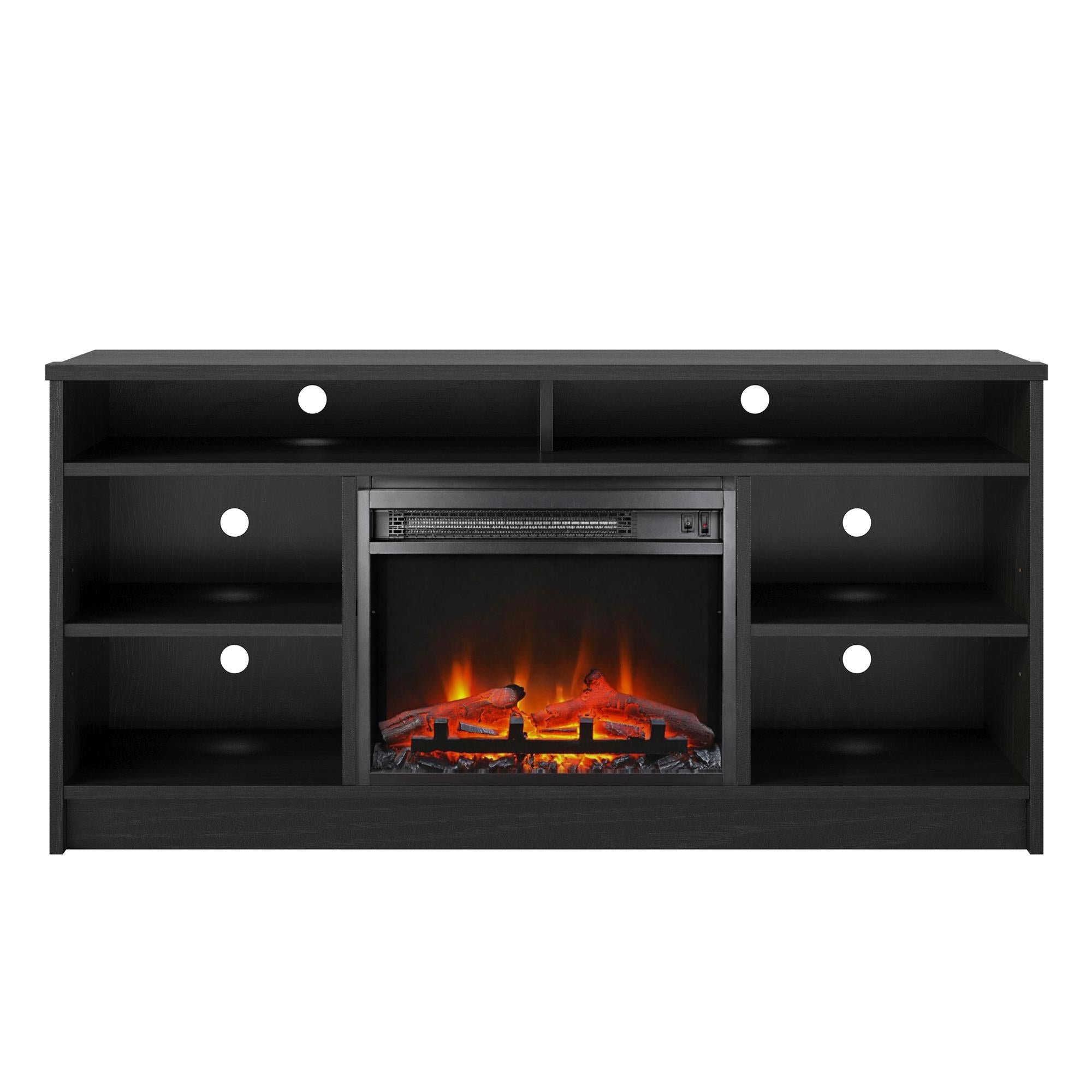 Ameriwood Home Hendrix TV Stand for TVs up to 55" with Electric Fireplace Insert and 6 Shelves - Black Oak