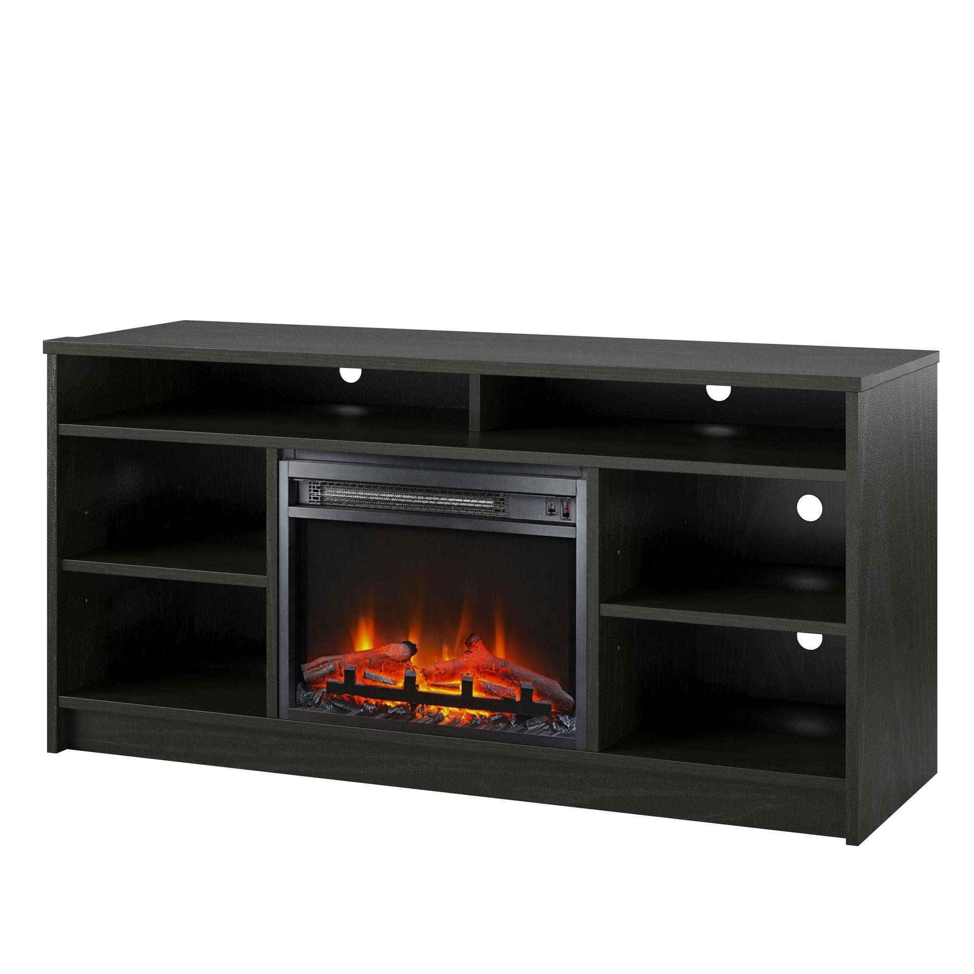 Ameriwood Home Hendrix TV Stand for TVs up to 55" with Electric Fireplace Insert and 6 Shelves - Black Oak