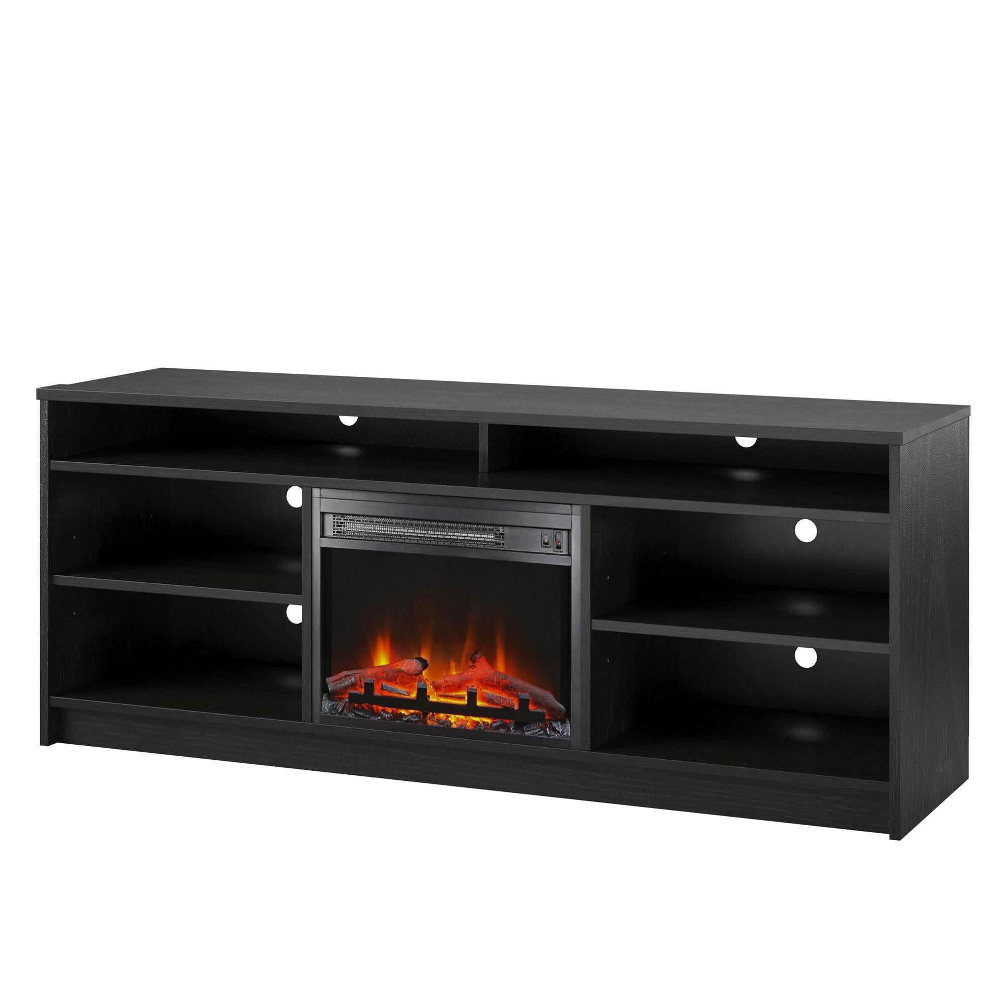Ameriwood Home Hendrix TV Stand for TVs up to 65" with Electric Fireplace Insert and 6 Shelves - Black Oak