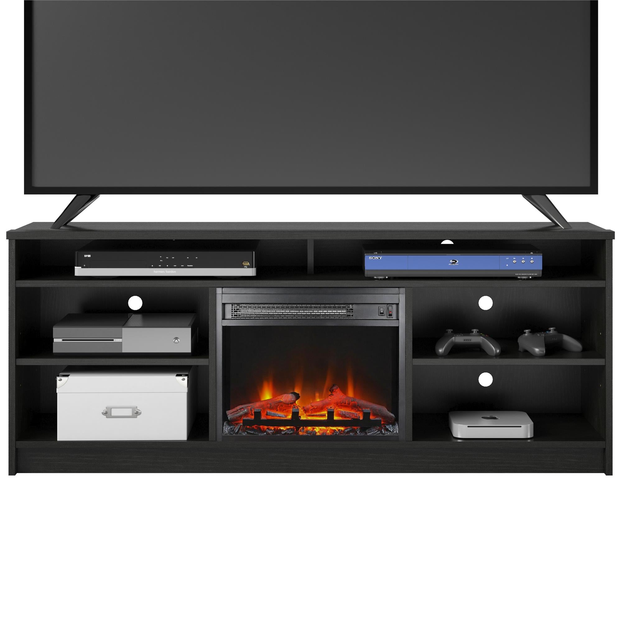 Ameriwood Home Hendrix TV Stand for TVs up to 65" with Electric Fireplace Insert and 6 Shelves - Black Oak