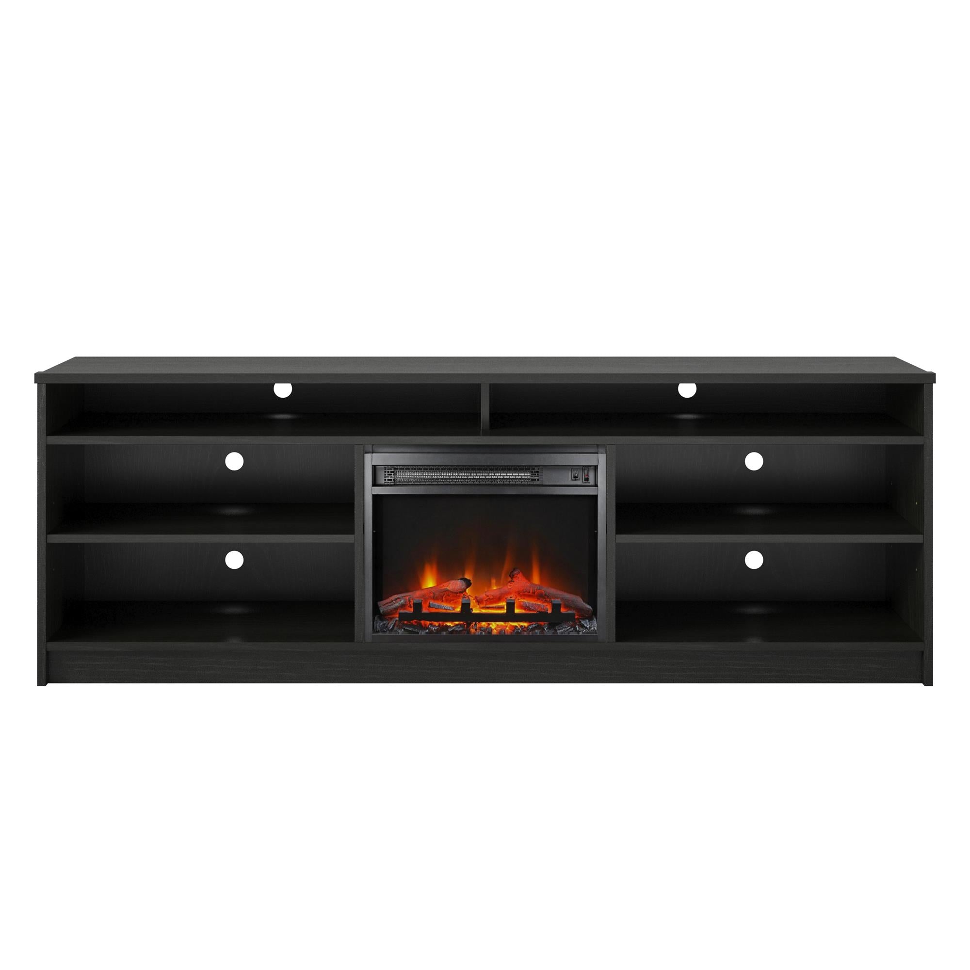 Ameriwood Home Hendrix TV Stand for TVs up to 75" with Electric Fireplace Insert and 6 Shelves - Black Oak
