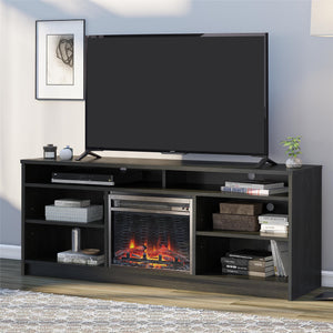 Ameriwood Home Hendrix TV Stand for TVs up to 65" with Electric Fireplace Insert and 6 Shelves - Black Oak