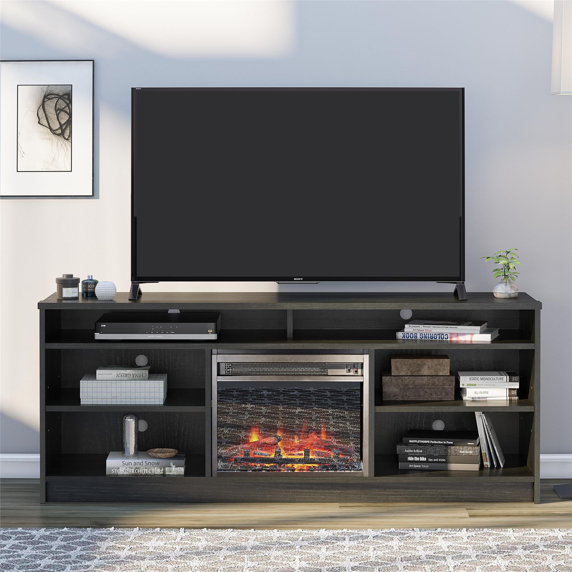 Ameriwood Home Hendrix TV Stand for TVs up to 65" with Electric Fireplace Insert and 6 Shelves - Black Oak
