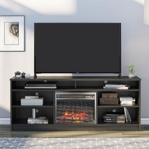 Ameriwood Home Hendrix TV Stand for TVs up to 65" with Electric Fireplace Insert and 6 Shelves - Black Oak