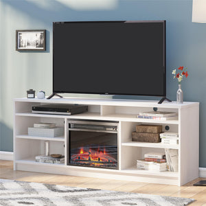 Ameriwood Home Hendrix TV Stand for TVs up to 65" with Electric Fireplace Insert and 6 Shelves - Ivory Oak