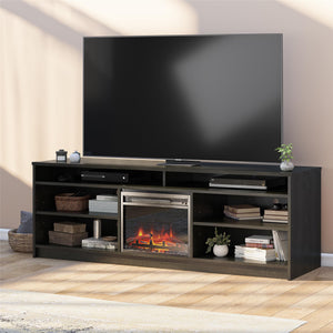 Ameriwood Home Hendrix TV Stand for TVs up to 75" with Electric Fireplace Insert and 6 Shelves - Black Oak