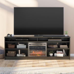 Ameriwood Home Hendrix TV Stand for TVs up to 75" with Electric Fireplace Insert and 6 Shelves - Black Oak