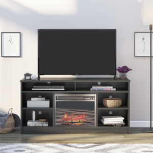 Ameriwood Home Hendrix TV Stand for TVs up to 55" with Electric Fireplace Insert and 6 Shelves - Black Oak