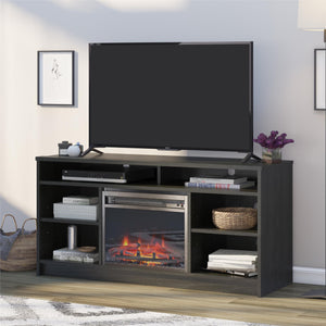 Ameriwood Home Hendrix TV Stand for TVs up to 55" with Electric Fireplace Insert and 6 Shelves - Black Oak