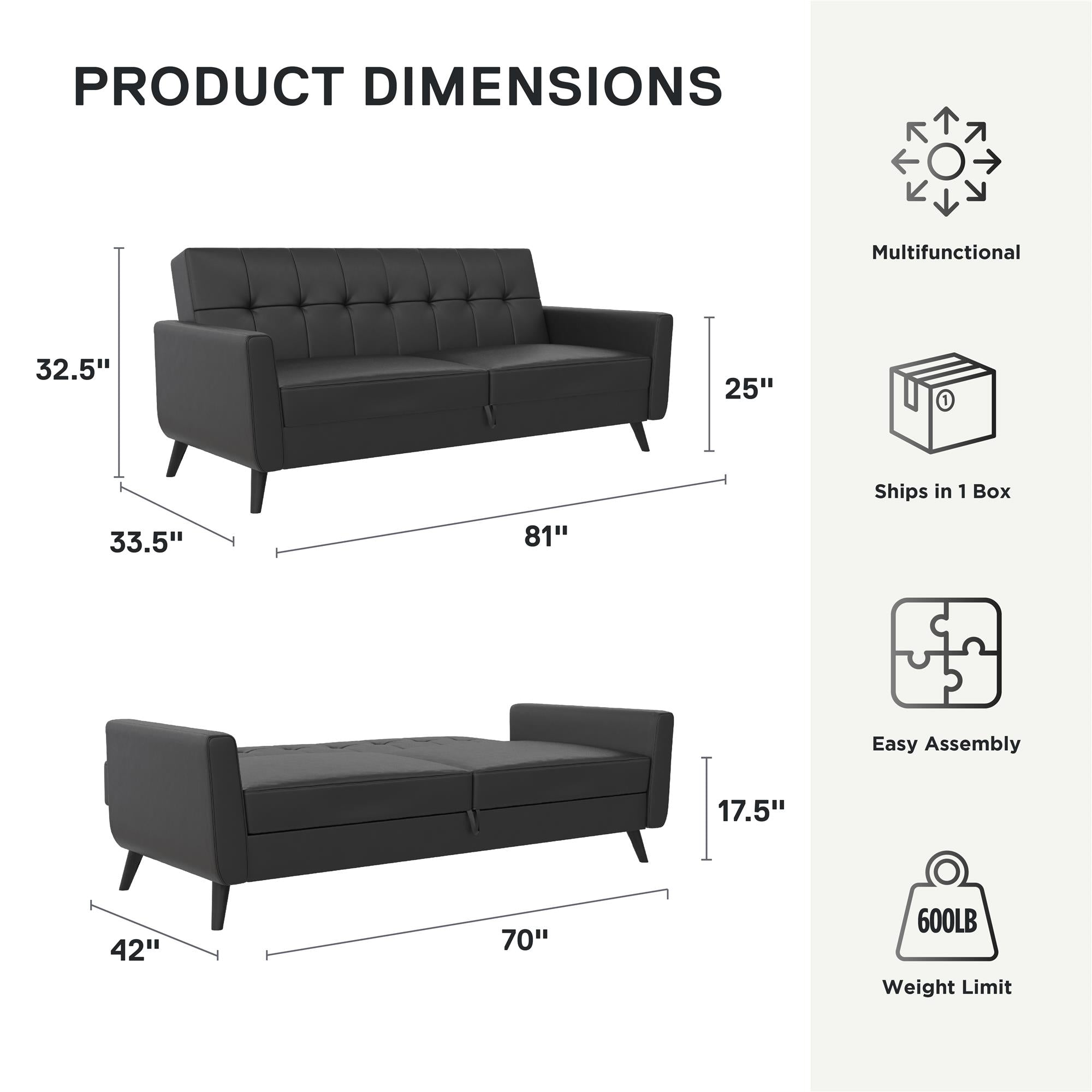 DHP Parker Futon Sofa Bed with Storage - Black