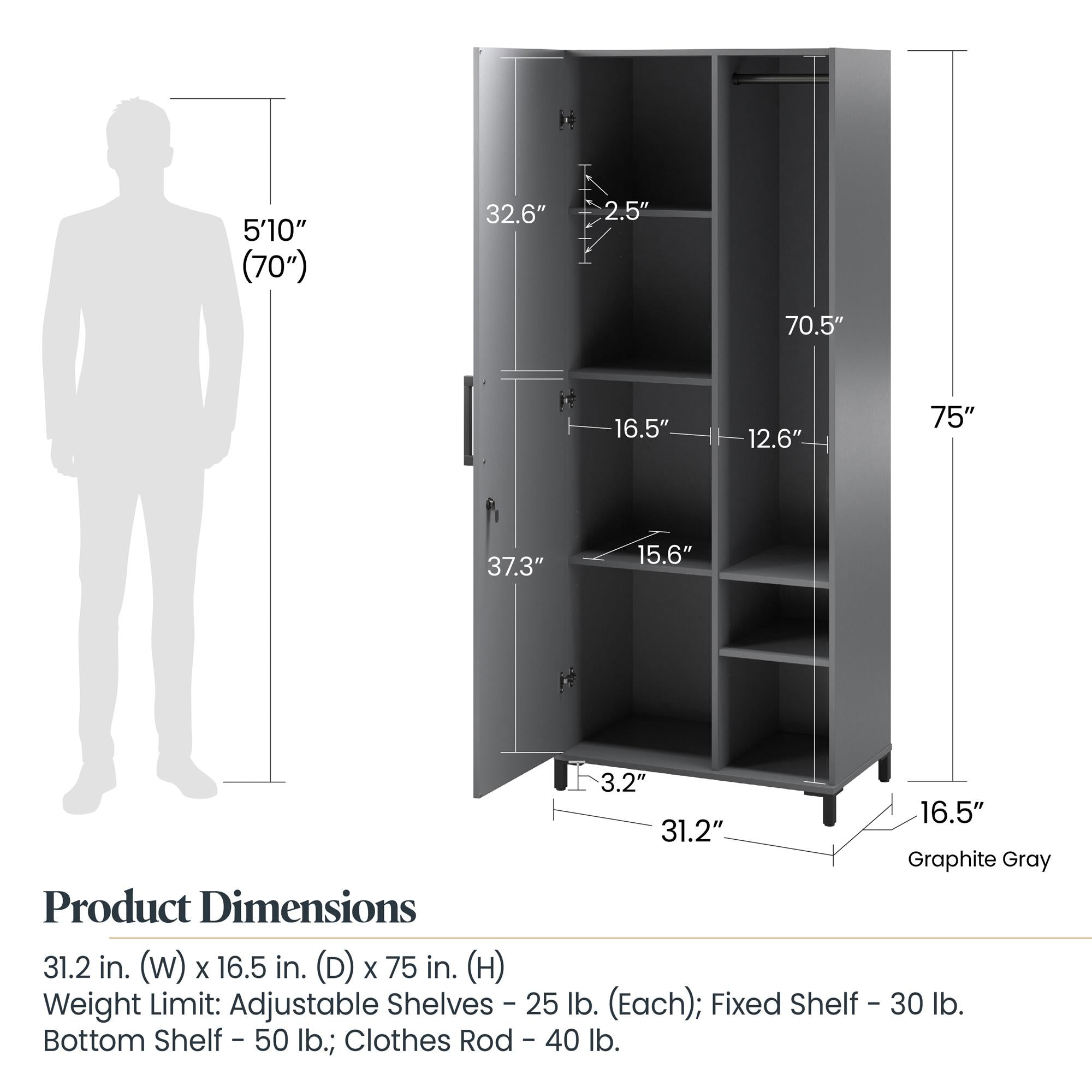 Systembuild Evolution Shelby Tall Garage Storage Cabinet with 1 Door and Hang Rod - Graphite