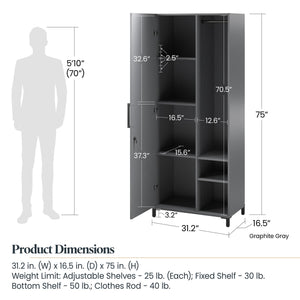 Systembuild Evolution Shelby Tall Garage Storage Cabinet with 1 Door and Hang Rod - Graphite