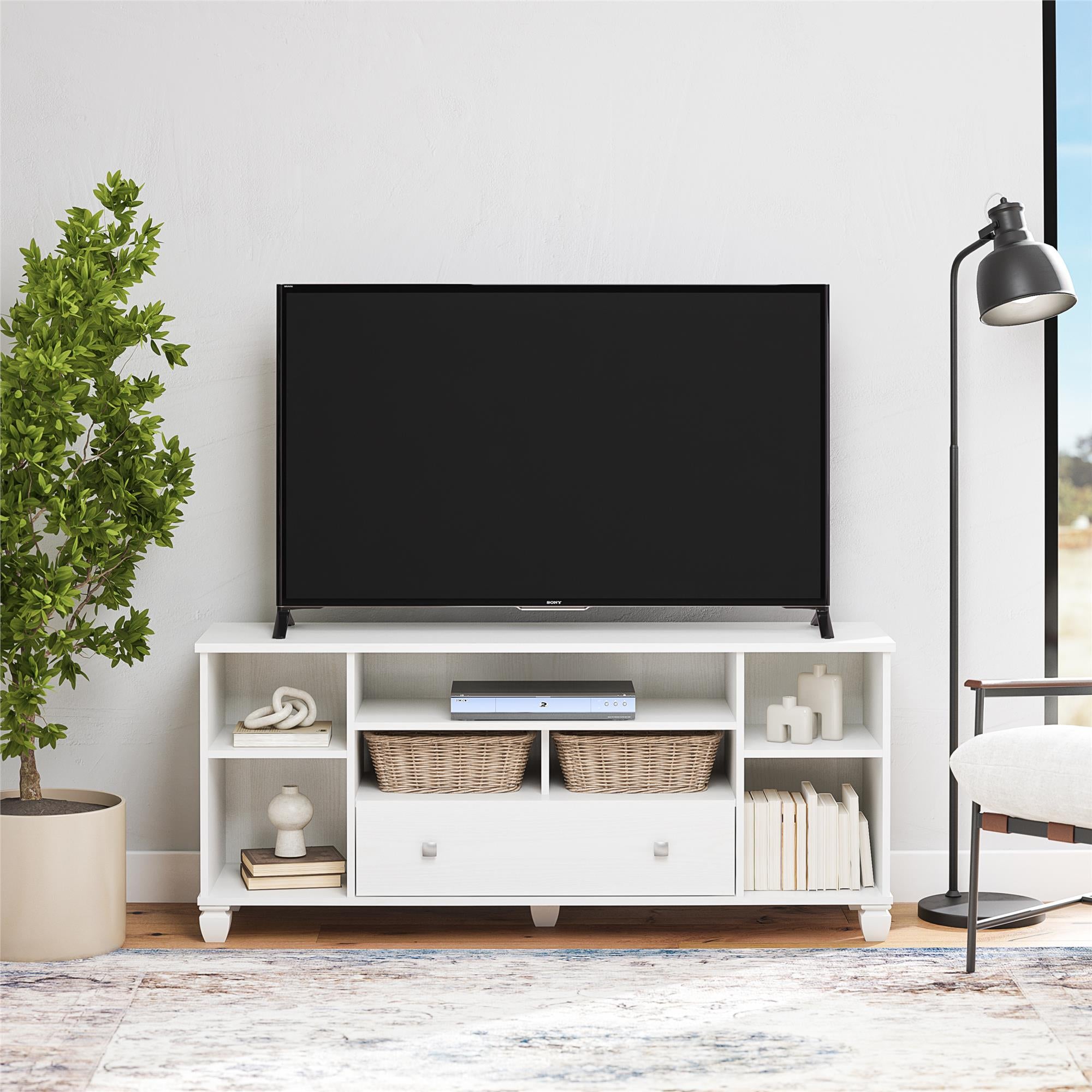 Ameriwood Home Brett TV Stand for TVs up to 64" with 7 Open Shelves and 1 Drawer - White