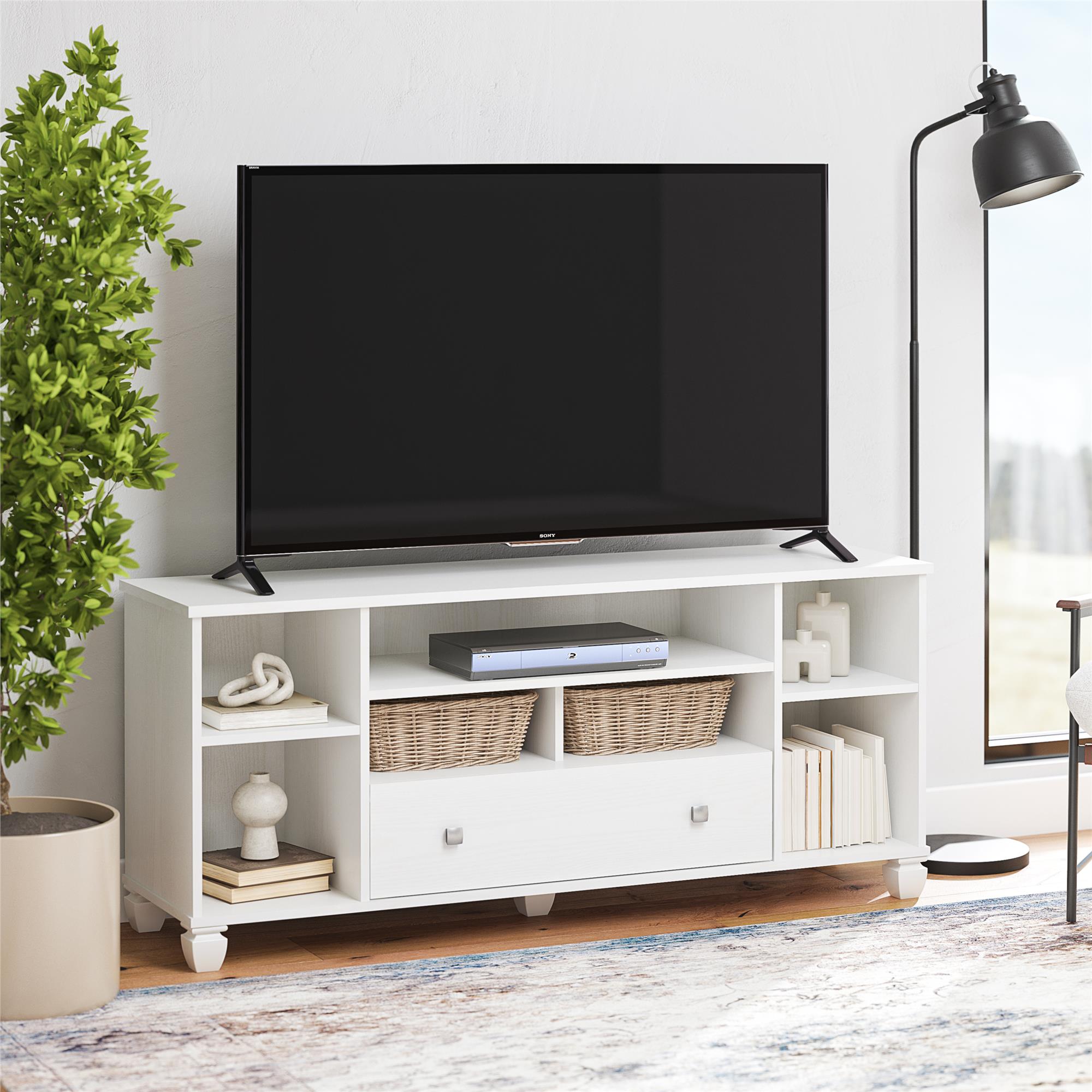 Ameriwood Home Brett TV Stand for TVs up to 64" with 7 Open Shelves and 1 Drawer - White