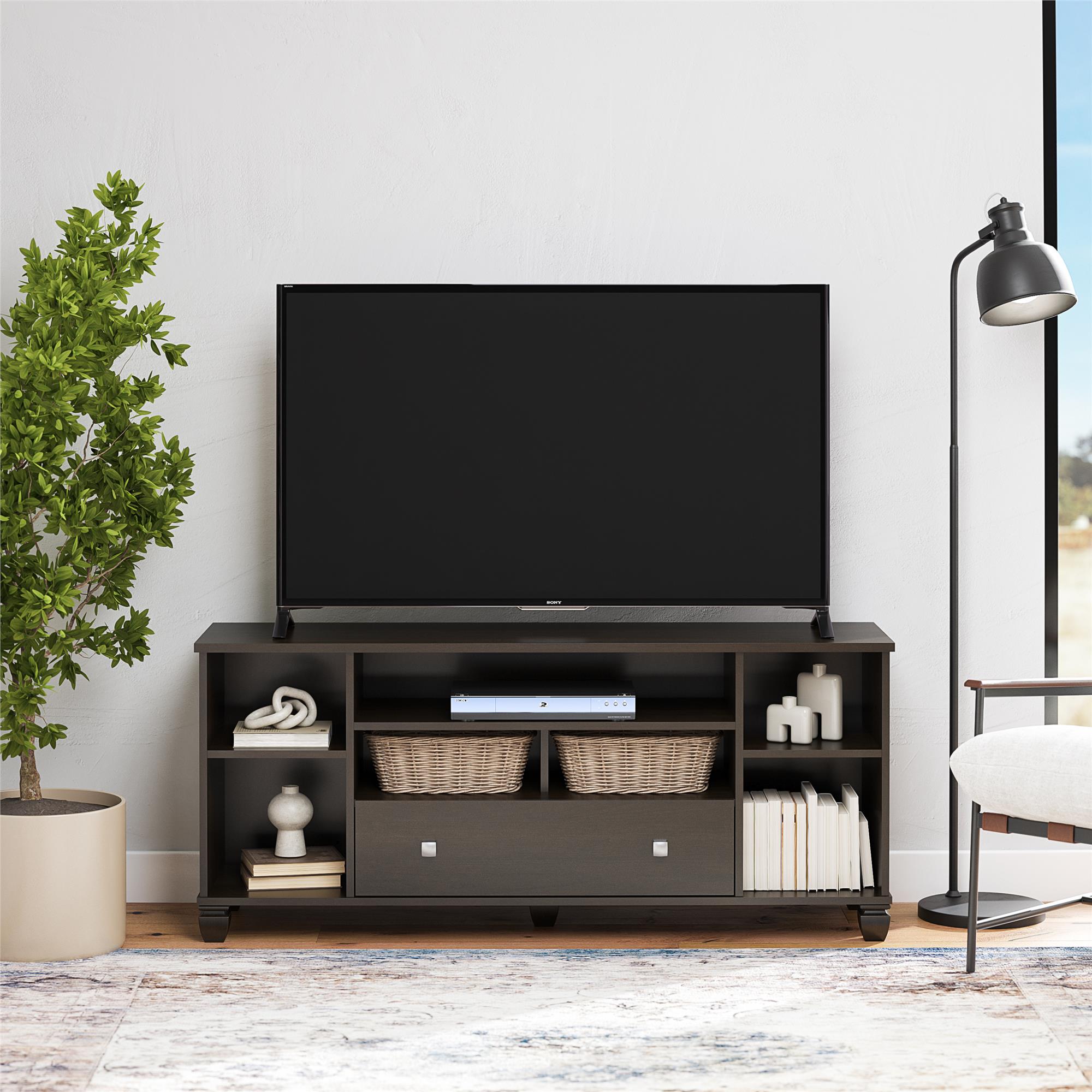 Ameriwood Home Brett TV Stand for TVs up to 64" with 7 Open Shelves and 1 Drawer - Espresso