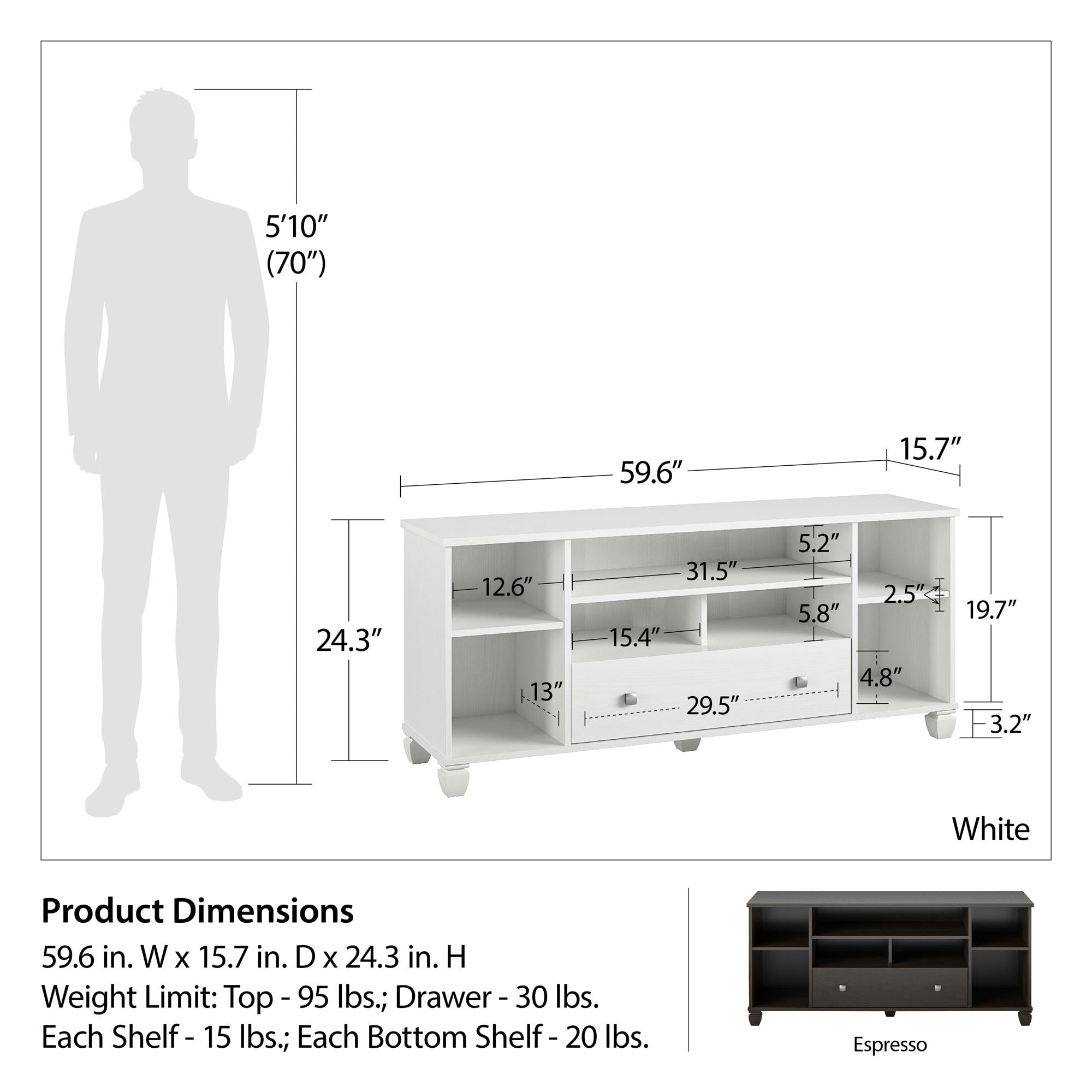 Ameriwood Home Brett TV Stand for TVs up to 64" with 7 Open Shelves and 1 Drawer - White