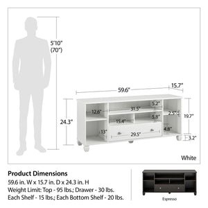 Ameriwood Home Brett TV Stand for TVs up to 64" with 7 Open Shelves and 1 Drawer - White