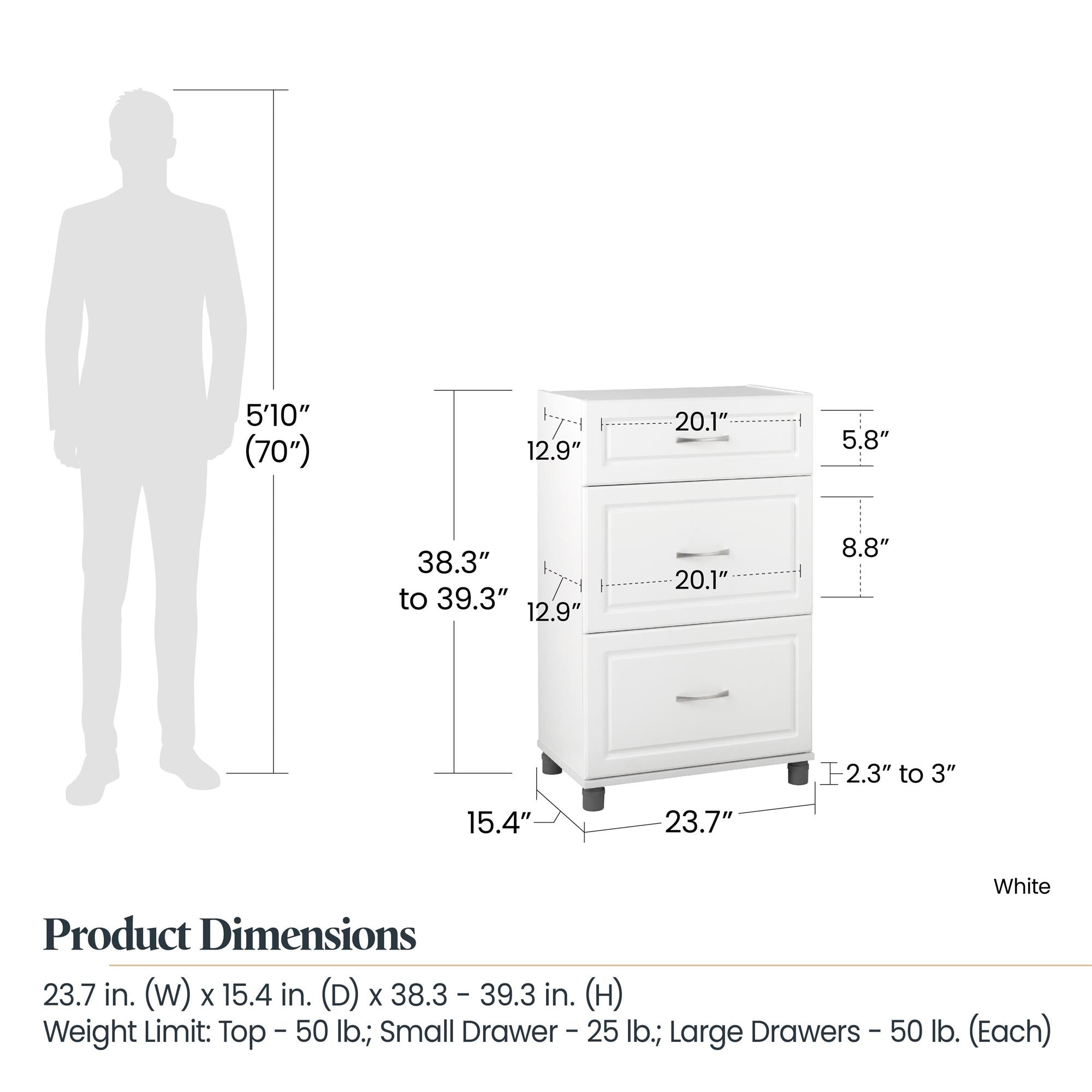 Systembuild Evolution Kendall 24" 3 Drawer Base Cabinet - White