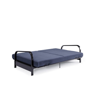 RealRooms Karli Black Metal Arm Futon Frame with 6" Blue Mattress and extra Black Slipcover - Blue