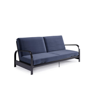 RealRooms Karli Black Metal Arm Futon Frame with 6" Blue Mattress and extra Black Slipcover - Blue