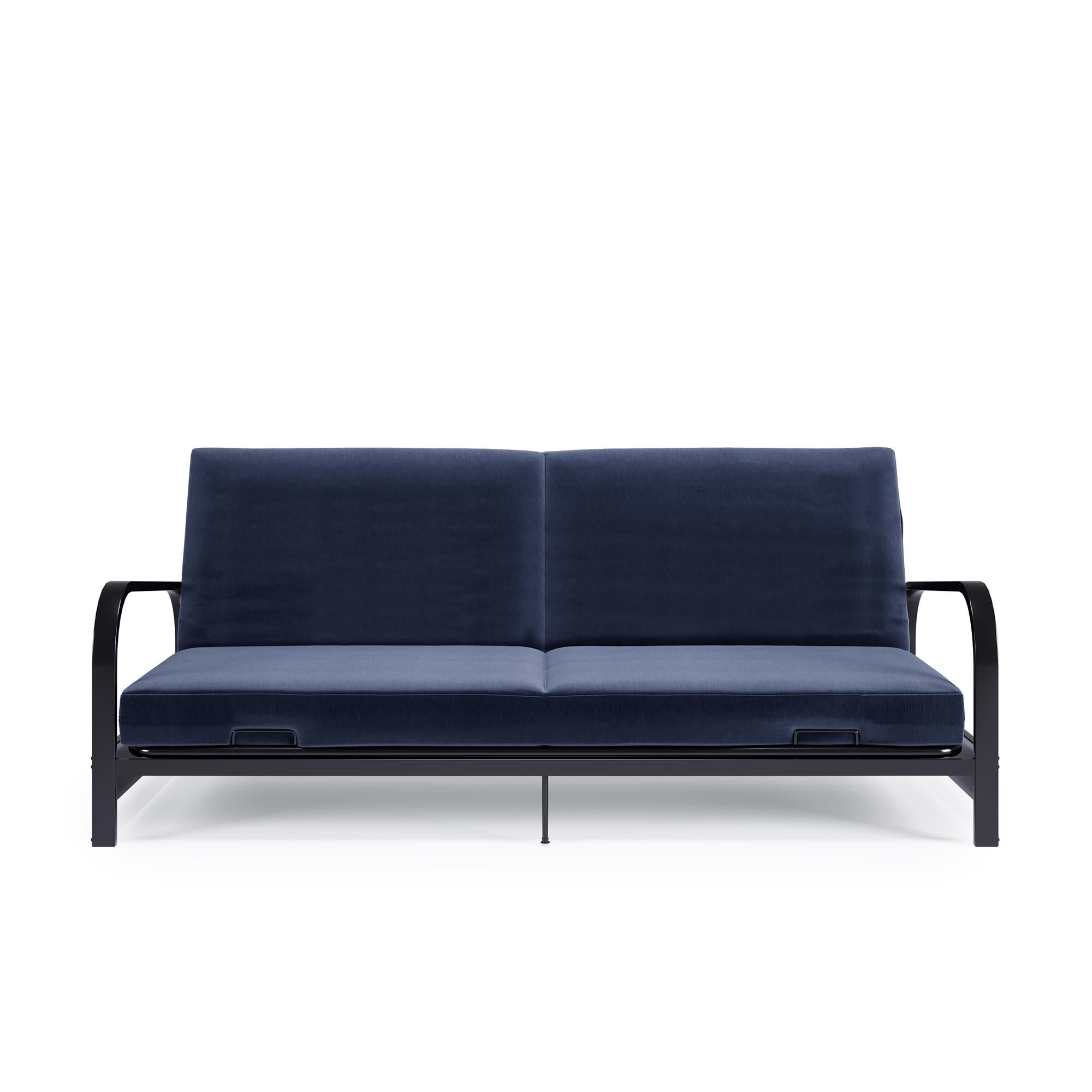RealRooms Karli Black Metal Arm Futon Frame with 6" Blue Mattress and extra Black Slipcover - Blue