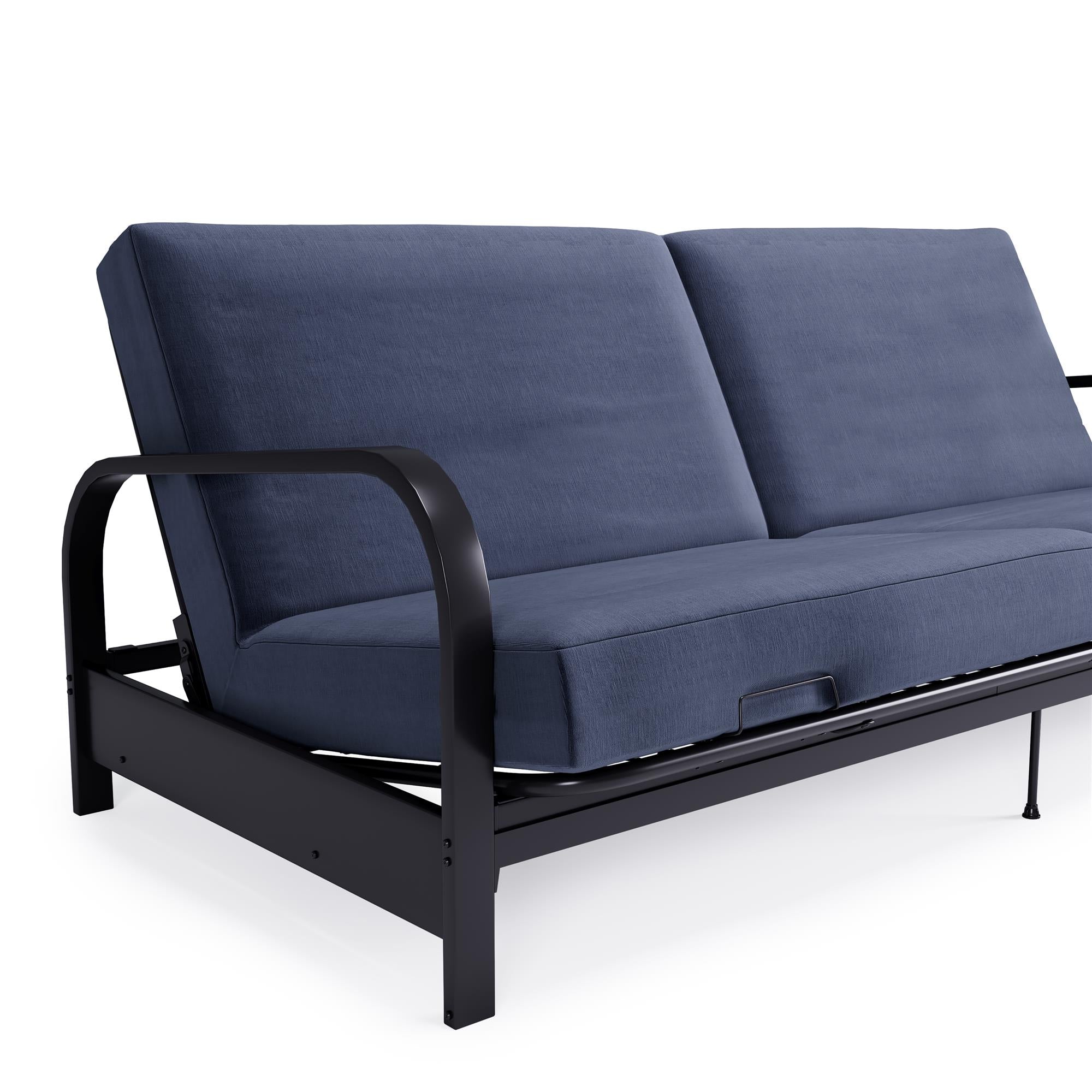 RealRooms Karli Black Metal Arm Futon Frame with 6" Blue Mattress and extra Black Slipcover - Blue