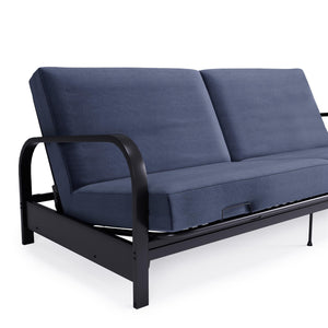 RealRooms Karli Black Metal Arm Futon Frame with 6" Blue Mattress and extra Black Slipcover - Blue