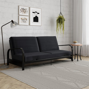 RealRooms Karli Black Metal Arm Futon Frame with 6" Blue Mattress and extra Black Slipcover - Blue