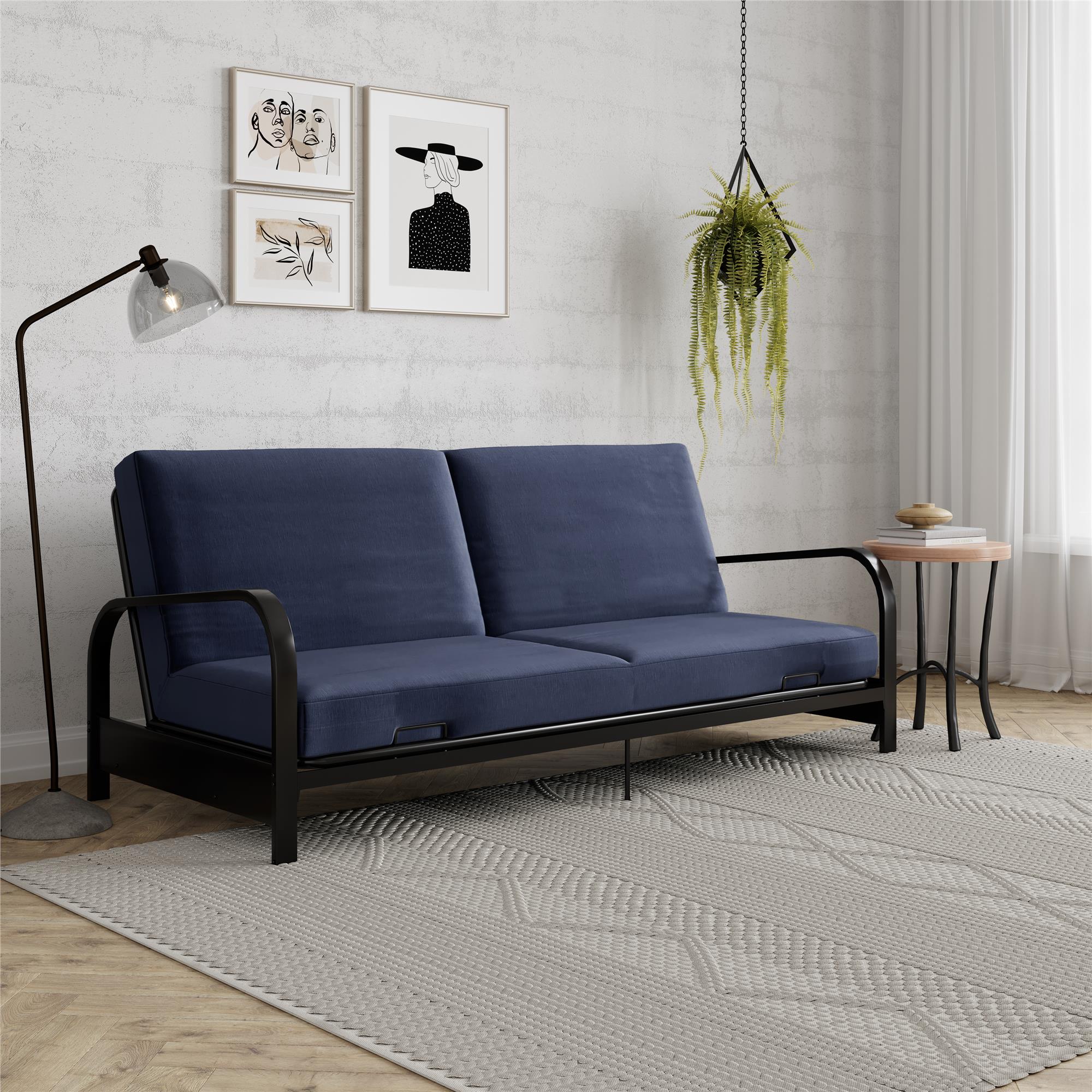 RealRooms Karli Black Metal Arm Futon Frame with 6" Blue Mattress and extra Black Slipcover - Blue