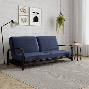 RealRooms Karli Black Metal Arm Futon Frame with 6" Blue Mattress and extra Black Slipcover - Blue