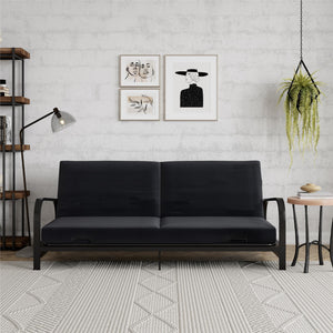 RealRooms Karli Black Metal Arm Futon Frame with 6" Blue Mattress and extra Black Slipcover - Blue
