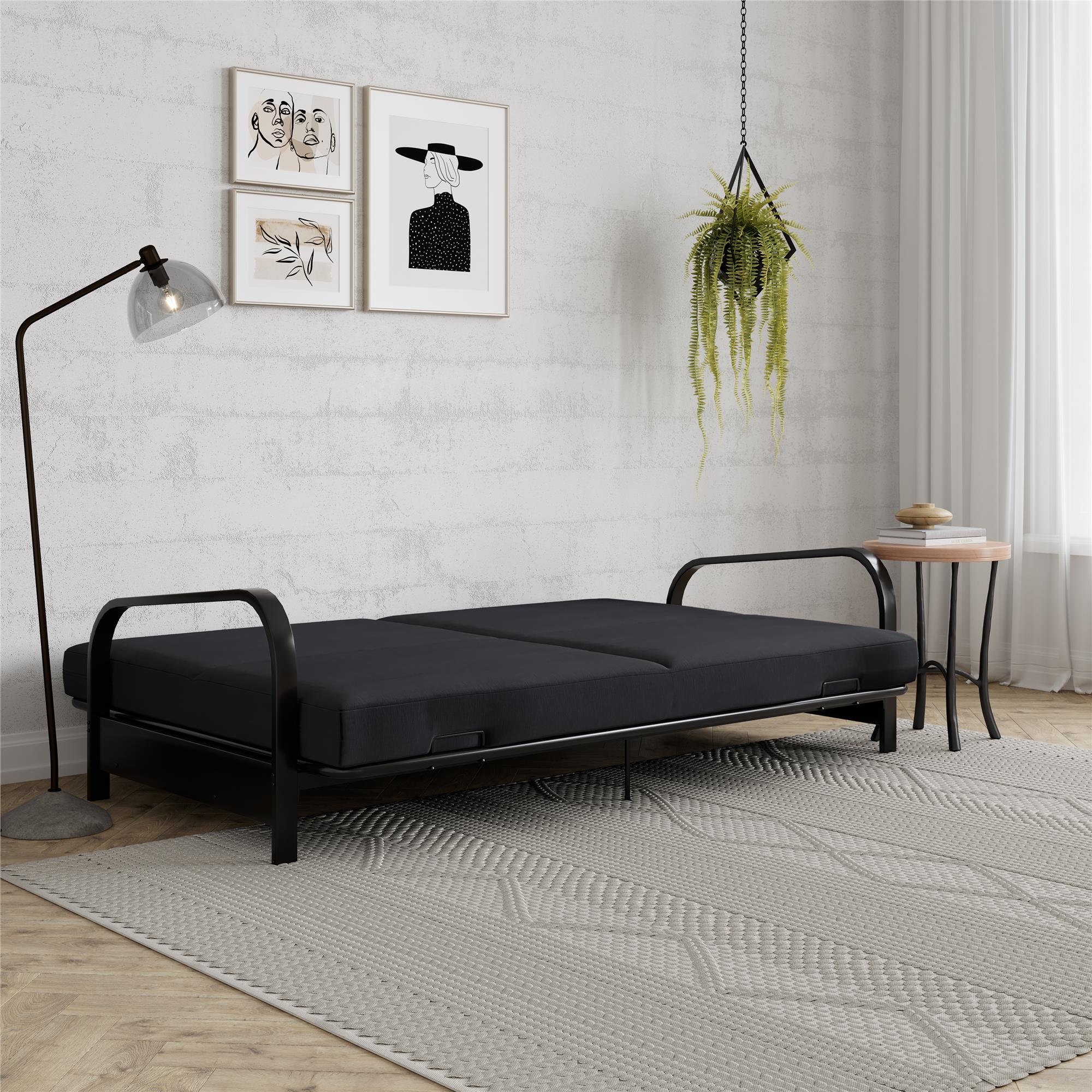 RealRooms Karli Black Metal Arm Futon Frame with 6" Blue Mattress and extra Black Slipcover - Blue