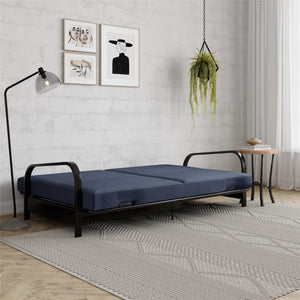RealRooms Karli Black Metal Arm Futon Frame with 6" Blue Mattress and extra Black Slipcover - Blue
