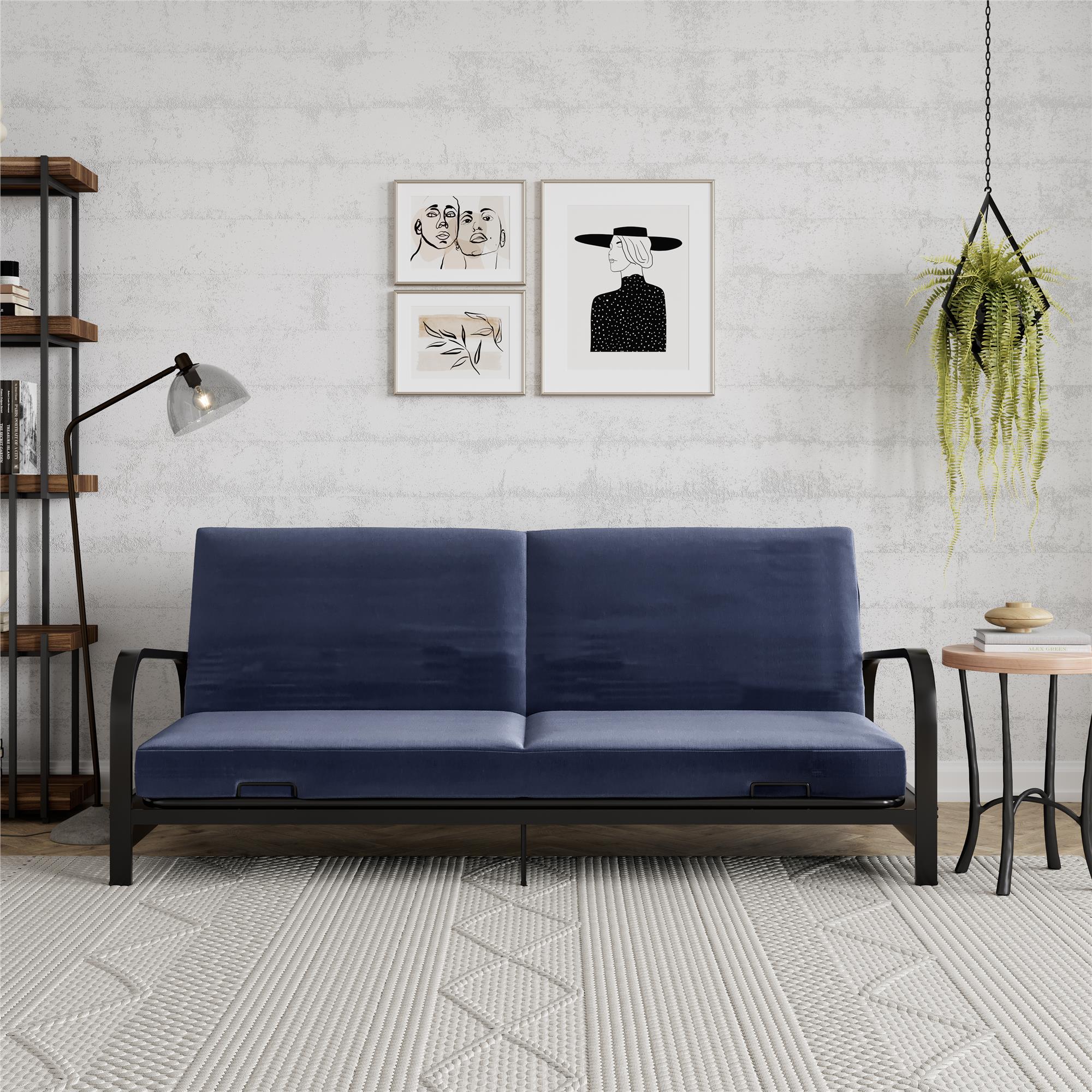 RealRooms Karli Black Metal Arm Futon Frame with 6" Blue Mattress and extra Black Slipcover - Blue