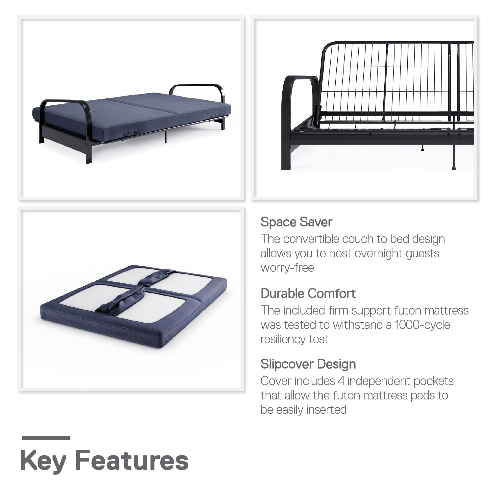 RealRooms Karli Black Metal Arm Futon Frame with 6" Blue Mattress and extra Black Slipcover - Blue
