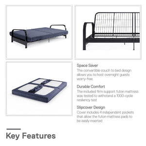 RealRooms Karli Black Metal Arm Futon Frame with 6" Blue Mattress and extra Black Slipcover - Blue